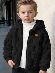 Cozy Pixies Young Boy Decorative Woven Label Hooded Long Sleeve Plaid Thermal Jacket, Thick Thermal Lined, Double-Sided Thermal, Suitable For Indoor, Outdoor Casual, Skiing, Back To School, Daily, Sports, Play, Party, Valentine's Day, Multiple Occasions - Black - View 1