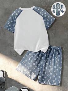SHEIN 2件組 春夏男童大童 Y字印花滿版圓領短袖T恤 + Y字印花滿版口袋短褲 - 彩色 - 查看 2