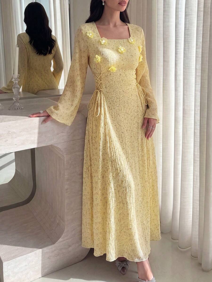 Yasmyna 優雅小碎花方領長袖側綁帶設計拉鍊下擺開衩女款阿拉伯風度假黃色洋裝 - 黃色 - 查看 1