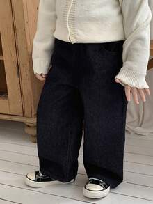 DAZY Baby Girl Washed Floral Embroidered Loose Fit Denim Pants Fall - Blue - View 3