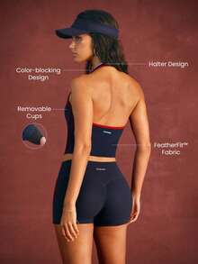GLOWMODE FeatherFit™ PulsePlay Tank Top Halter Panjang Pinggang dengan Lis Kontras di Bagian Depan dan Grafis Angka, Cocok untuk Yoga, Studio Pilates, dan Aktivitas Kasual Sehari-hari. - Navy Blue - View 2