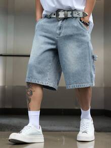 Manfinity EMRG 男士街頭風休閒刺繡藍色牛仔短褲 - 淺色水洗藍 - 查看 3