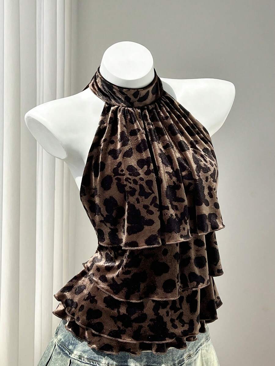 Elamini 女款秋冬休閒韓版天鵝絨豹紋拼接荷葉邊優雅顯瘦修身掛脖綁帶上衣,適合沙灘穿著 - 彩色 - 查看 1