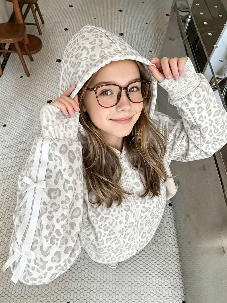 Tween Girls Casual Solid Color Bow Decoration Hooded Zip-Up Cardigan Jacket, Back To School Fall - Grey - View 1