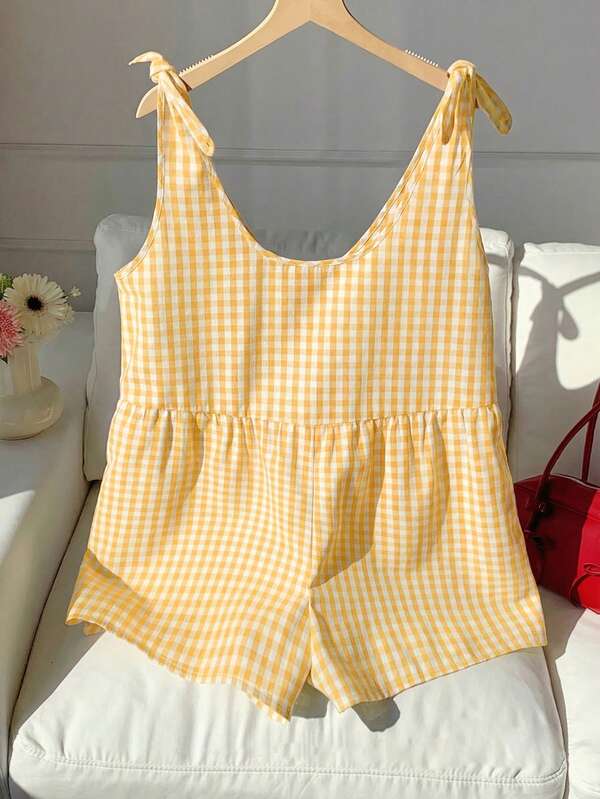 SHEIN EZwear 黄色格子休闲度假连体衣