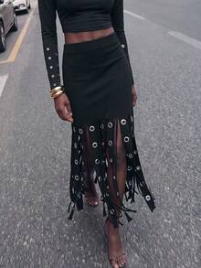 Maija Women's Patchwork Eyelet Tassel Hem Fashion Skirt - Black - View 1