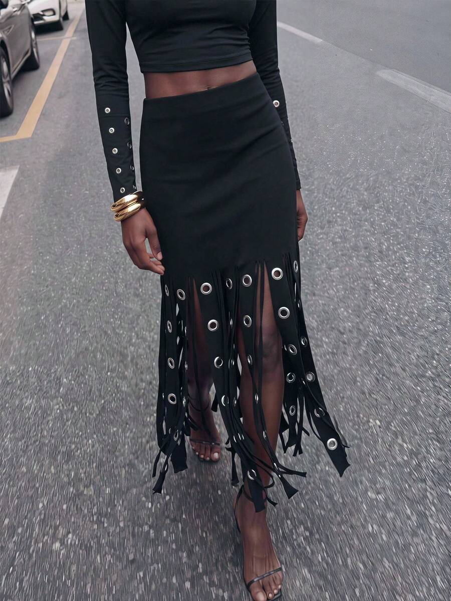 Maija Women's Patchwork Eyelet Tassel Hem Fashion Skirt - Black - View 1