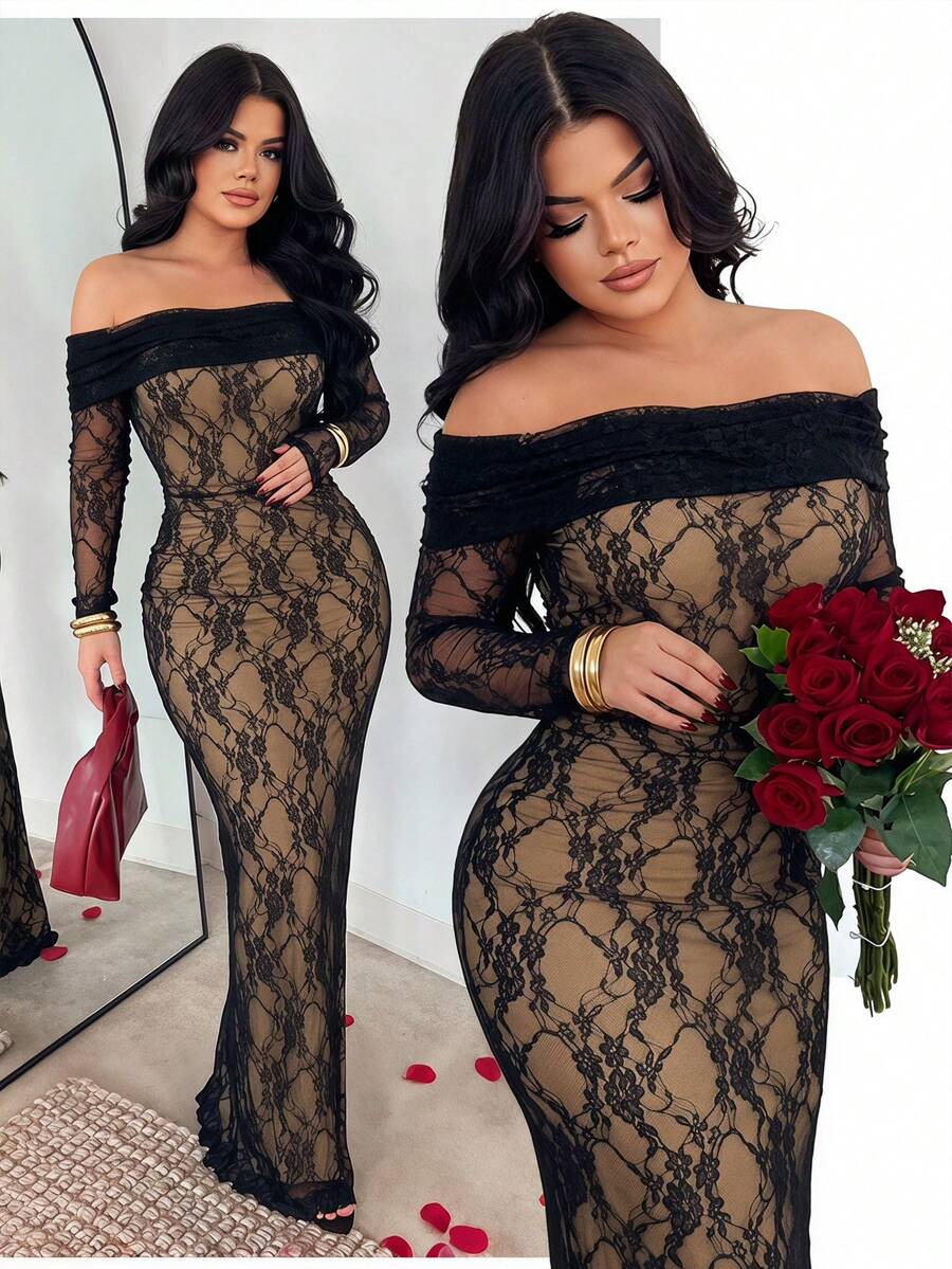 SHEIN SXY 女款露肩蕾絲優雅性感收腰派對晚宴夜店洋裝,適合婚禮,棕色,秋季 - 黑色 - 查看 1