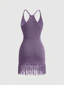 ROMWE Avant Summer Outfits Beach Vacation Fish Print Tassel Fitted Knit Dress - Purple - View 2