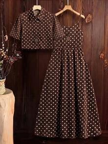 SHEIN Clasi 女士波点图案短袖衬衫和吊带连衣裙休闲两件套 - 棕色 - 查看 1