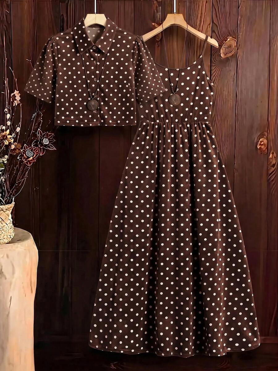 SHEIN Clasi 女士波点图案短袖衬衫和吊带连衣裙休闲两件套 - 棕色 - 查看 1