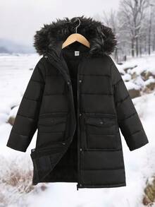 SHEIN Tween女孩休閒連帽拉鍊長款加厚外套，附口袋，百搭冬季黑色外套，秋季端莊約會穿搭，女孩Tween女孩冬季外套 - 黑色 - 查看 10