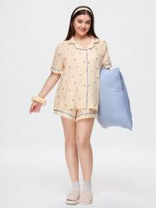 Bonmuse Plus Size Lemon Plaid Print Lapel Button-Front Short Sleeve Shorts Pajama Set - Yellow - View 3