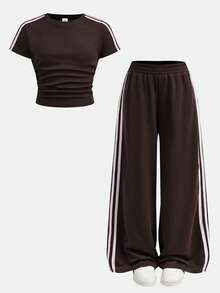 Tween Girl Casual Daily Knitted Fitted Top With Ribbon Detail And Straight Leg Pants With Ribbon Detail - Brown - View 3