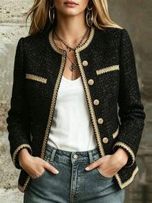 SHEIN Women's Casual Wool Blend Jacket With Woven Trim, Long Sleeve, Single-Breasted - Black - View 6