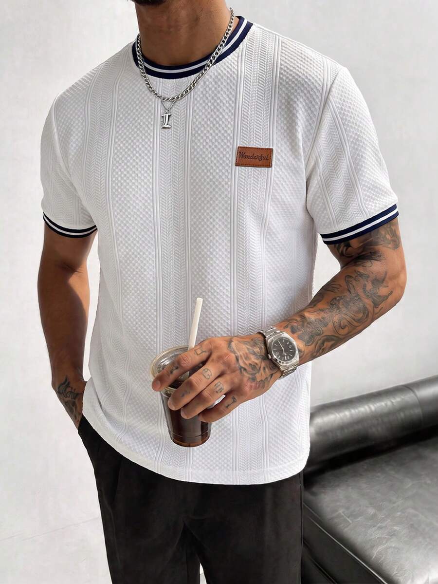 EGENSIO Men's Knitted Jacquard Solid Color Textured Collar & Cuff Royal Blue Ribbed Chest Patch T-Shirt - White - View 1