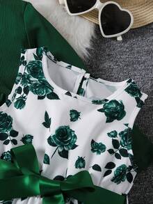 SHEIN 女童花卉腰帶連衣裙配荷葉邊裙襬與開襟衫2件套，度假、夏季、旅行、秋季 - 墨綠色 - 查看 4