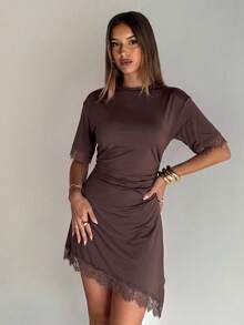 Aloruh Women's Elegant Round Neck Asymmetrical Hem Lace Patchwork Waist-Cinching Short Sleeve Mini Dress - Coffee Brown - View 9