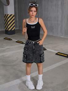 SHEIN 千禧年风少女低腰翻盖口袋宽松牛仔工装短裤，返校季 - 黑色 - 查看 4