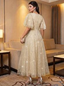 Auveirra Plus Size Women's Elegant Champagne Sequin Waist-Cinched Evening Dress For Party And Bridesmaid Sequin Dress Formal Dress Elegant Dresses For Summer - Gold - View 2