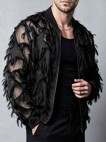 Manfinity Homme Men's Tassel Design Long Sleeve Zip-Up Baseball Jacket - Black - View 5