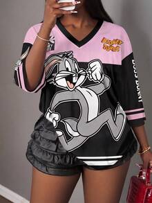 Slaydiva LOONEY TUNES X SHEIN Casual Minimalist Letter & Number Graphic Women's T-Shirt, Suitable For Summer - Multicolor - View 7