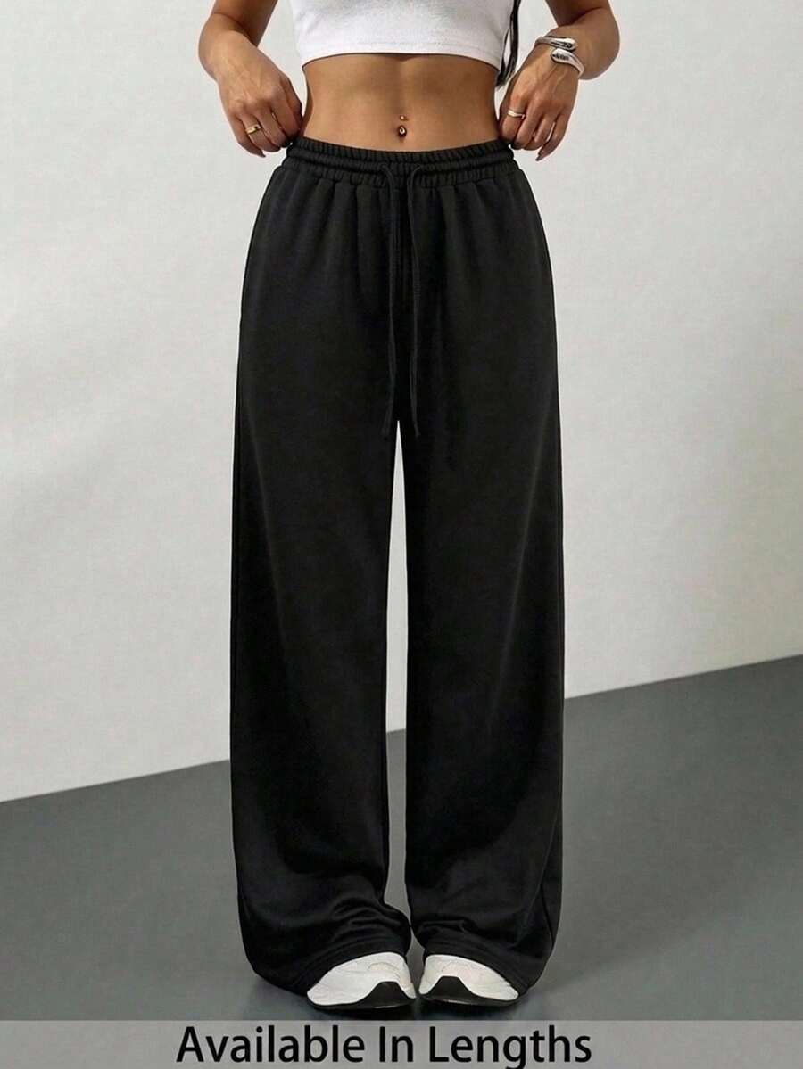 SHEIN PETITE CURVE 大尺碼女款純色抽繩腰直筒寬鬆休閒長褲 - 黑色 - 查看 1