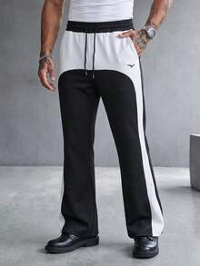 Manfinity CasualCool Men's Colorblock Drawstring Waist Pocket Casual Sweatpants - Black and White - View 4