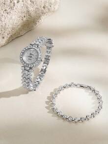 Opalesca 2pcs Or 1pc Bracelet Set, Elegant And  Luxury Women's Quartz Watch Set, Includes  Silver Diamond-Encrusted Quartz Watch And  Full Diamond  Bracelet. - Silver - View 3