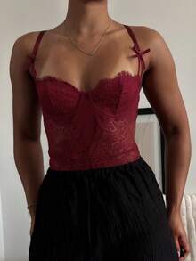 leahseptember Women's Lace & Mesh Patchwork Sexy Bodysuit Summer - Burgundy - View 6