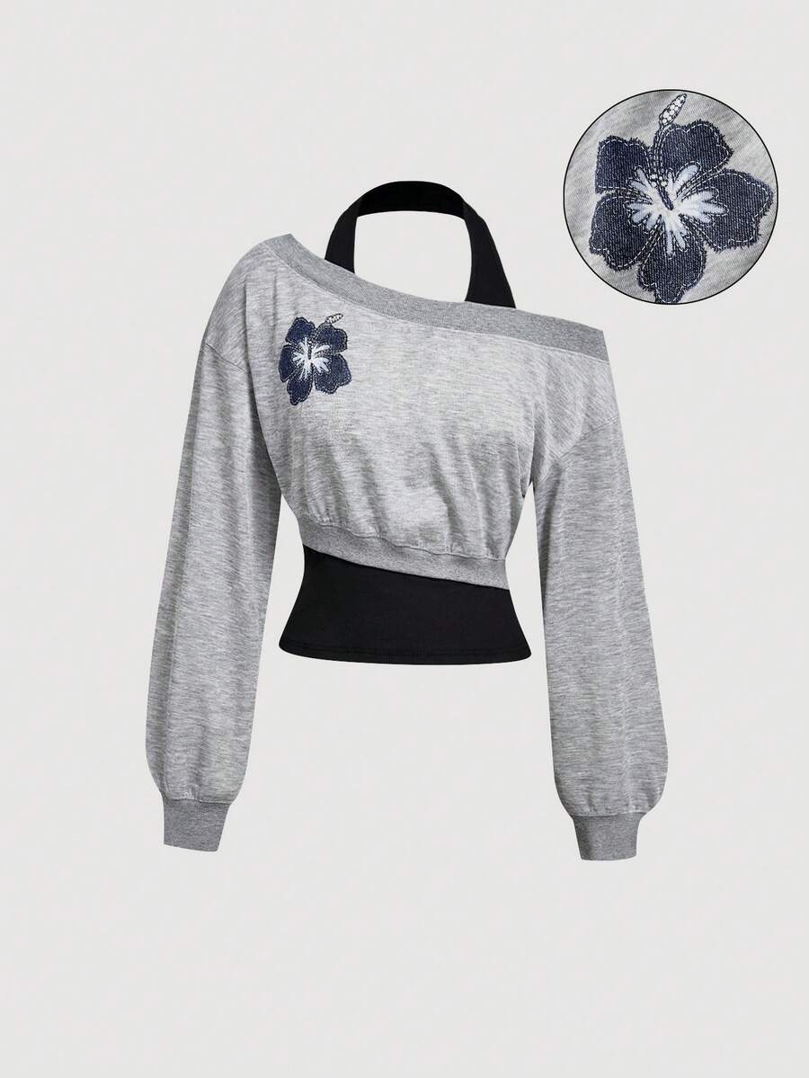 SHEIN MOD 女款時尚花卉印花 2 合 1 不對稱領口掛脖衛衣 - 彩色 - 查看 1