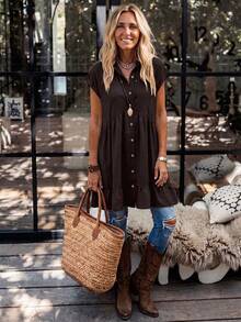 LanaWest Vestido casual de vacaciones para mujer, estilo bohemio occidental de verano, tela arrugada de mezcla de lino, cuello de camisa, manga corta, abotonado sencillo con botones de madera, bajo con volantes, diseño de moda - Negro - Ver 4
