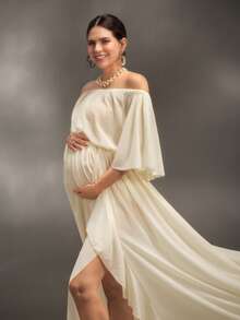 Cheriluna Maternity 女式露肩纯色高开衩荷叶边下摆孕妇摄影连衣裙 - 杏色 - 查看 8