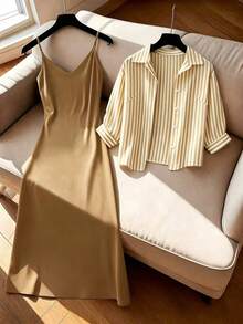 GlowEve CURVE 春夏新款巧克力棕白色翻領休閒優雅 Eleganza 女款襯衫 + V領細肩帶洋裝，收腰中長洋裝，2件套 - 咖啡棕 - 查看 3