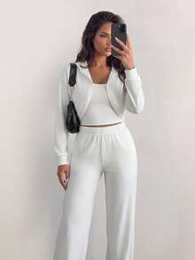 Pariaura Women's 3 PiecesSports Set Long Sleeve Wide Leg Pants Bandeau Top Workout Outfit - Beige - View 5