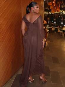Slaydiva Autumn/Winter New Elegant & Glamorous Solid Brown Ruched Fitted Shawl-Style Ribbon Sheer Mesh Lined Dress For Women Plus Size - A, Suitable For Party, Date, Cocktail, Girls' Gathering, Wedding Season, Graduation Season, Birthday Party, Holiday Occasions - Brown - View 3