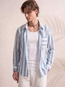 TONEVAULT Men's Casual Striped Long Sleeve Shirt - Blue and White - View 2
