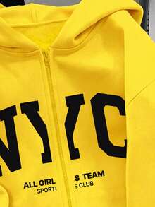 女童清新休閒極簡風 NYC 字母圖案基礎款連帽拉鍊運動外套 - 黑色 - 查看 5