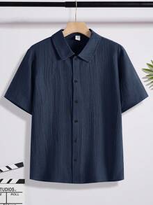 SHEIN Teen Boy Plain Single-Breasted Casual Versatile Daily Wear Shirt - Navy Blue - View 1