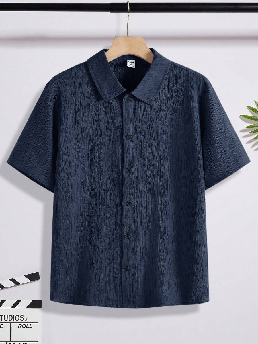 SHEIN Teen Boy Plain Single-Breasted Casual Versatile Daily Wear Shirt - Navy Blue - View 1