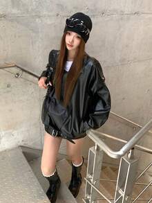 DAZY Jaket Lengan Panjang Gaya Jalanan Korea Wanita dengan Resleting dan Gesper Logam untuk Liburan Musim Gugur - Hitam - View 3