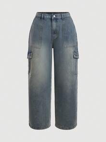 Jeanoix Celana Jeans Denim Kargo Potongan Lurus Tanpa Peregangan Ukuran Plus - Biru - View 3
