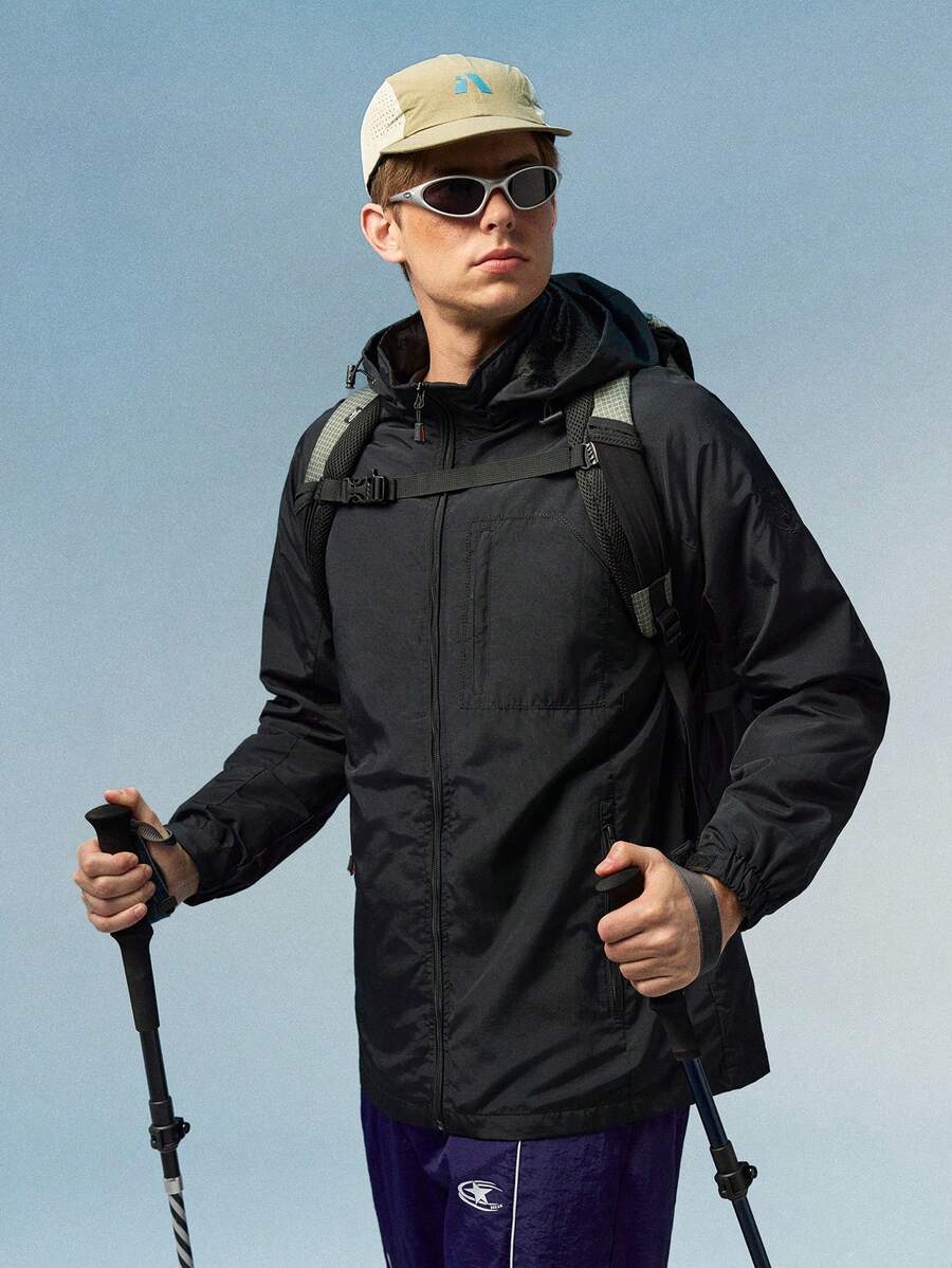 Caldwick 1pc Outdoor Men's Multi-Pocket Black Windbreaker Jacket, Sports Coat Spring