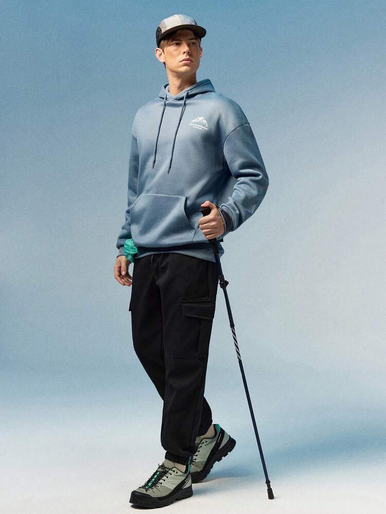 Caldwick Áo hoodie dài tay nam tay dài, in hình khẩu hiệu miền núi, có túi và dây rút, thích hợp mặc mùa thu/đông. - Màu xanh nhạt - Xem 2