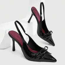 CUCCOO SZL Pointed Bow Back Strap High Heels, Patent Leather Low Vamp Stiletto Shoes, Commuter Dating Temperament Women's Shoes - Black - View 4