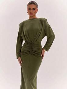 SHEIN BAE Gaun Komuter Elegan Warna Polos dengan Detail Kerut di Pinggang - Hijau Tentara - View 5