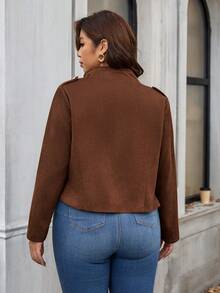 SHEIN Clasi 大尺碼女款鈕扣設計休閒極簡長袖棕色夾克 - 棕色 - 查看 2
