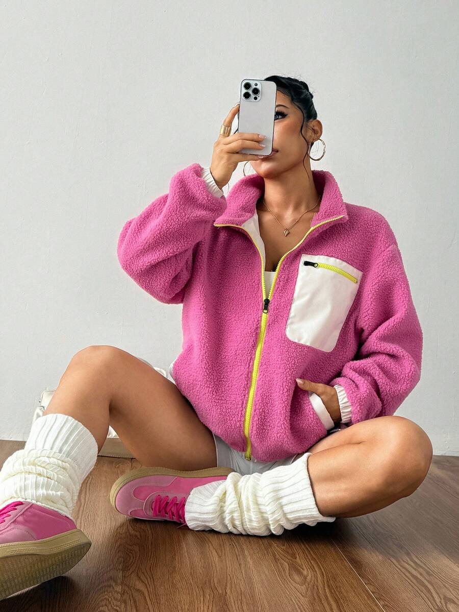 Exploreva Exploreva 女士运动夹克女士户外玫瑰粉色夹克，冬季外套冬季保暖厚保暖羊毛夹克，冬季夹克女士休闲户外夹克户外徒步夹克女士休闲夹克，保暖大衣，秋冬夹克，厚夹克保暖，冬季外套女士运动休闲夹克白色夹克
