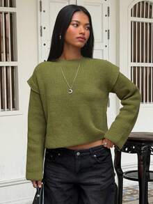 SHEIN BAE Sweater Pullover Off-Shoulder Wanita Reguler - Hijau - View 6
