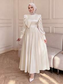 Celisse Vestido Feminino Premium com Textura de Cetim, Design de Laço Decorativo, Cintura Marcada, Elegante, Manga Longa, Casual para Trabalho e Passeio, Estilo Vintage Court para Festa e Encontros - Damasco - Visão 4